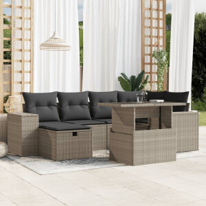 vidaXL 7-delige Loungeset met kussens poly rattan lichtgrijs