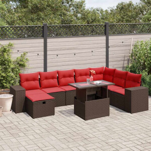 vidaXL 9-delige tuinbankset met kussens, bruin polyrotan