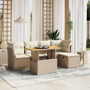 vidaXL 6-delige Loungeset met kussens poly rattan beige