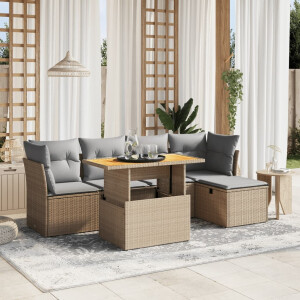 vidaXL 6-delige Loungeset met kussens poly rattan beige