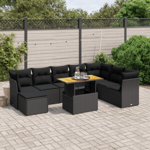 vidaXL 9-delige Loungeset met kussens poly rattan zwart