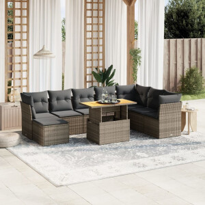 vidaXL 9-delige Loungeset met kussens poly rattan grijs