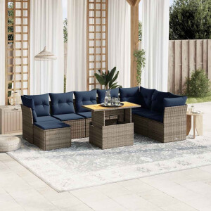 vidaXL 9-delige Loungeset met kussens poly rattan grijs