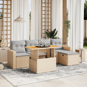vidaXL 6-delige Loungeset met kussens poly rattan beige