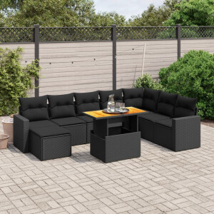 vidaXL 9-delige Loungeset met kussens poly rattan zwart