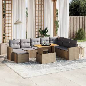 vidaXL 9-delige Loungeset met kussens poly rattan beige