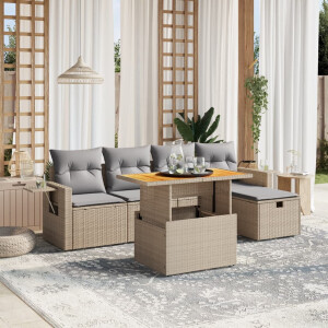 vidaXL 6-delige Loungeset met kussens poly rattan beige