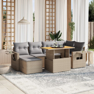 vidaXL 7-delige Loungeset met kussens poly rattan beige