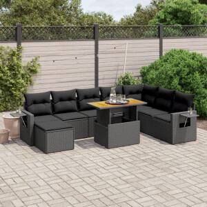 vidaXL 9-delige Loungeset met kussens poly rattan zwart