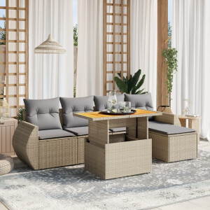 vidaXL 6-delige Loungeset met kussens poly rattan beige