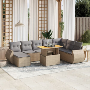vidaXL 9-delige Loungeset met kussens poly rattan beige