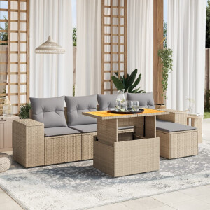 vidaXL 6-delige Loungeset met kussens poly rattan beige