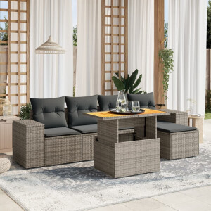 vidaXL 6-delige Loungeset met kussens poly rattan grijs