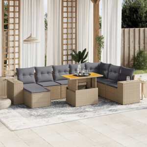 vidaXL 9-delige Loungeset met kussens poly rattan beige