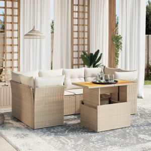 vidaXL 7-delige Loungeset met kussens poly rattan beige