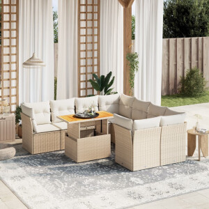 vidaXL 9-delige Loungeset met kussens poly rattan beige