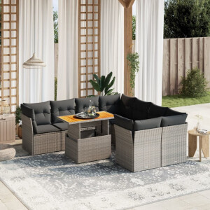 vidaXL 9-delige Loungeset met kussens poly rattan grijs