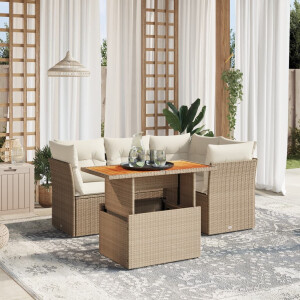 vidaXL 5-delige Loungeset met kussens poly rattan beige