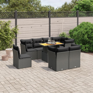 vidaXL 9-delige Loungeset met kussens poly rattan zwart