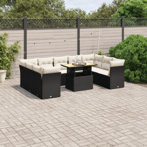 vidaXL 10-delige Loungeset met kussens poly rattan zwart