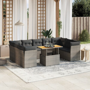 vidaXL 10-delige Loungeset met kussens poly rattan grijs