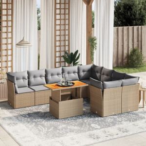 vidaXL 10-delige Loungeset met kussens poly rattan beige