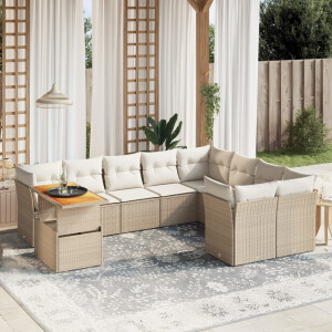 vidaXL 10-delige Loungeset met kussens poly rattan beige