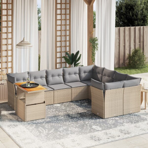 vidaXL 10-delige Loungeset met kussens poly rattan beige