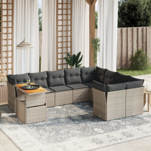 vidaXL 10-delige Loungeset met kussens poly rattan grijs