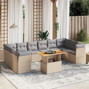 vidaXL 11-delige Tuinset met kussens poly rattan beige