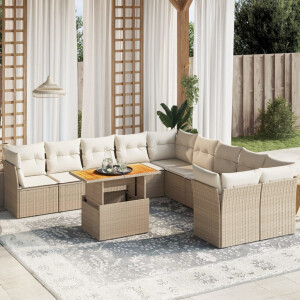 vidaXL 11-delige Tuinset met kussens poly rattan beige