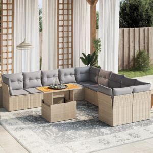 vidaXL 11-delige Tuinset met kussens poly rattan beige