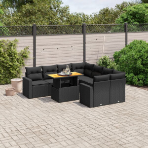 vidaXL 9-delige Loungeset met kussens poly rattan zwart