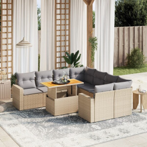 vidaXL 9-delige Loungeset met kussens poly rattan beige