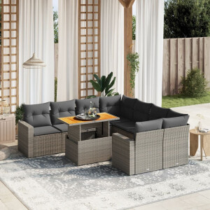 vidaXL 9-delige Loungeset met kussens poly rattan grijs