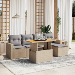 vidaXL 6-delige Loungeset met kussens poly rattan beige