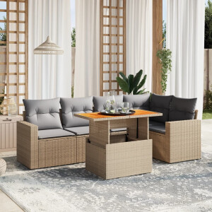 vidaXL 6-delige Loungeset met kussens poly rattan beige