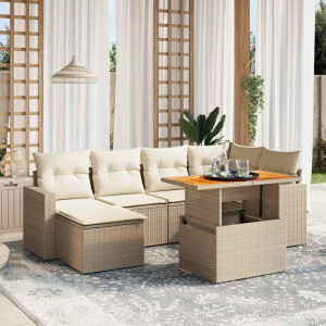 vidaXL 7-delige Loungeset met kussens poly rattan beige