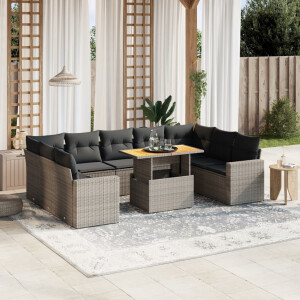 vidaXL 10-delige Loungeset met kussens poly rattan grijs