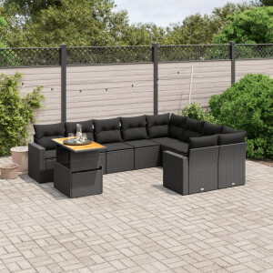 vidaXL 10-delige Loungeset met kussens poly rattan zwart