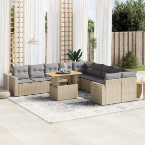 vidaXL 11-delige Tuinset met kussens poly rattan beige