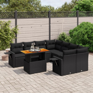 vidaXL 9-delige Loungeset met kussens poly rattan zwart