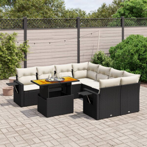 vidaXL 9-delige Loungeset met kussens poly rattan zwart
