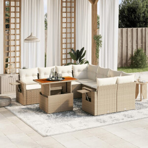 vidaXL 9-delige Loungeset met kussens poly rattan beige