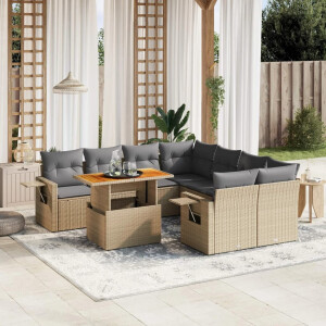 vidaXL 9-delige Loungeset met kussens poly rattan beige