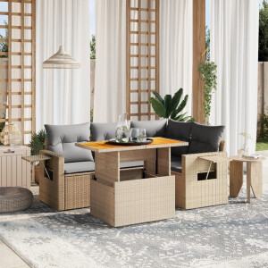 vidaXL 5-delige Loungeset met kussens poly rattan beige