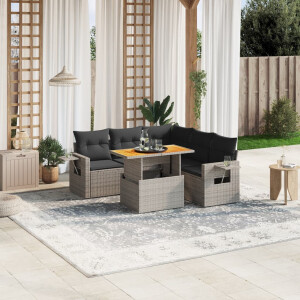 vidaXL 6-delige Loungeset met kussens poly rattan grijs