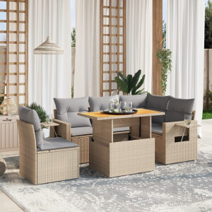 vidaXL 6-delige Loungeset met kussens poly rattan beige