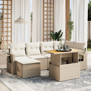 vidaXL 7-delige Loungeset met kussens poly rattan beige