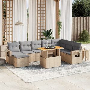 vidaXL 9-delige Loungeset met kussens poly rattan beige